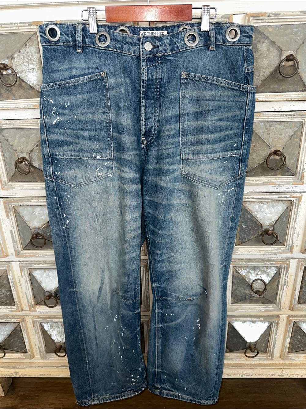 We The Free Relaxed Barrel Jeans with Paint Splatter